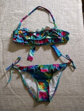 Vintage Y2K Guess USA Paisley Low Ruffle Bandeau Tie 2 Piece Bikini Size S/M